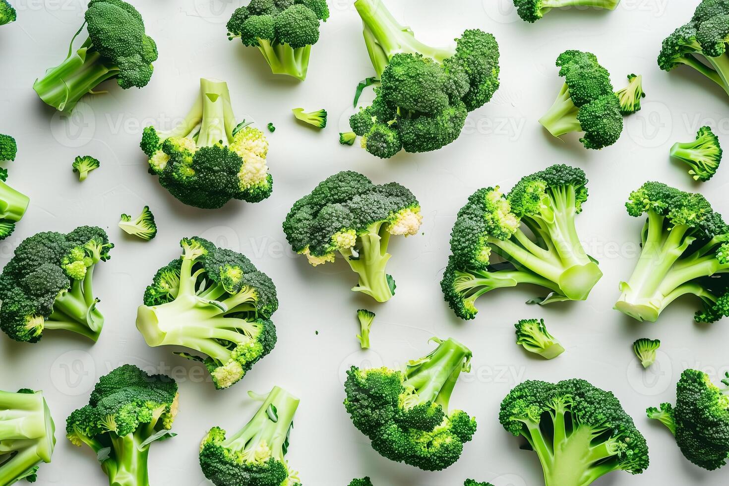 AI generated Fresh green broccoli florets scattered on a white background, ideal for healthy eating and vegetarian lifestyle concepts photo