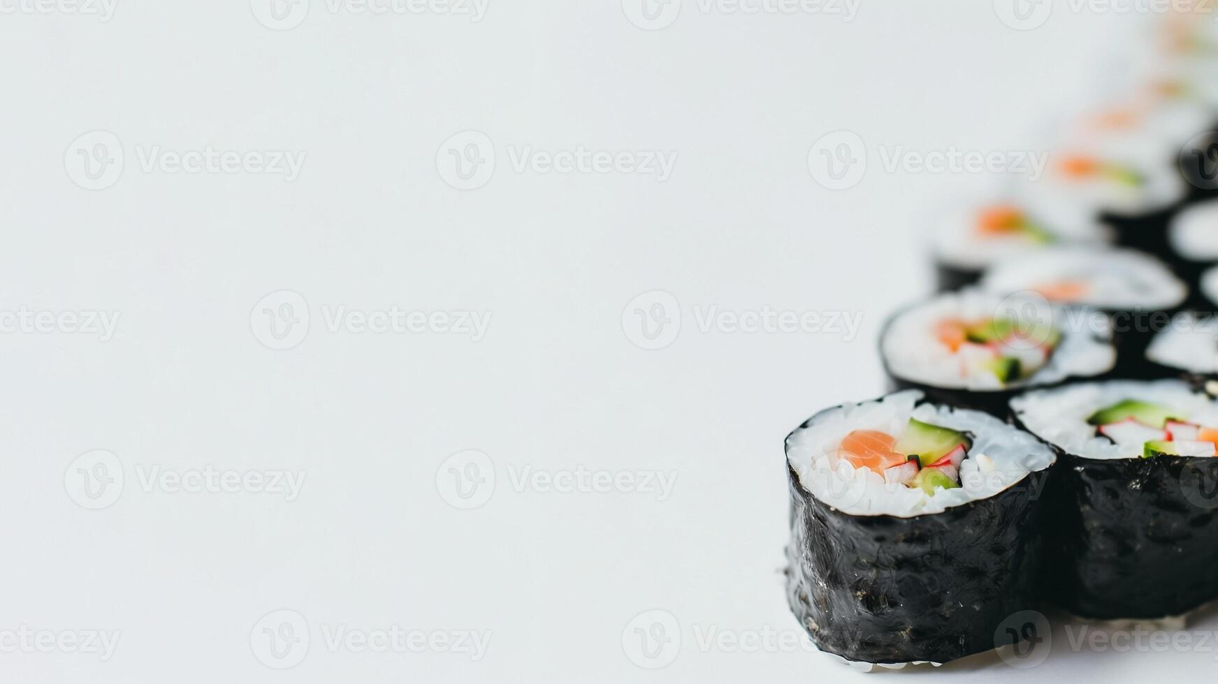 AI generated Row of fresh sushi rolls on a white background with copy space, ideal for culinary concepts and Japanese cuisine photo