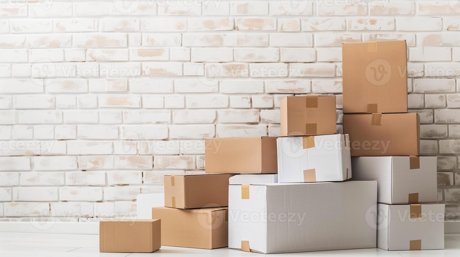 AI generated Stack of various sized cardboard boxes against a white brick wall, depicting concepts of moving, delivery, or storage, suitable for relocation or logistic themes photo