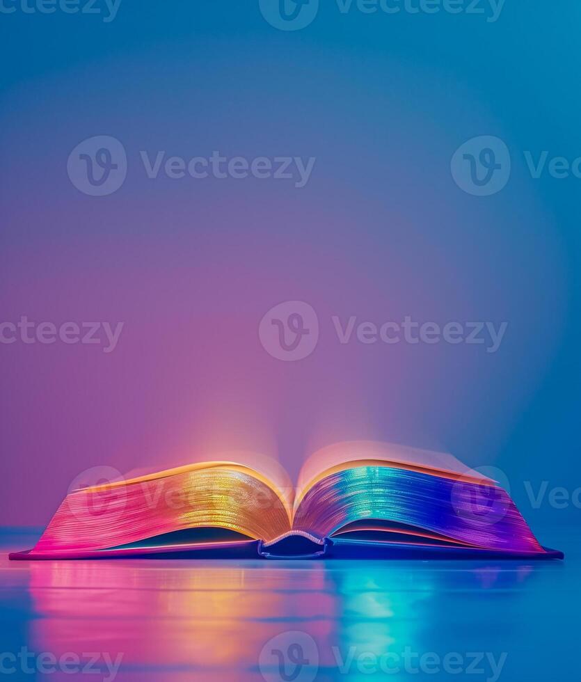 AI generated Open book with illuminated colorful pages on a reflective surface with a blue to purple gradient background, depicting concept of fantasy, creativity, or imagination photo