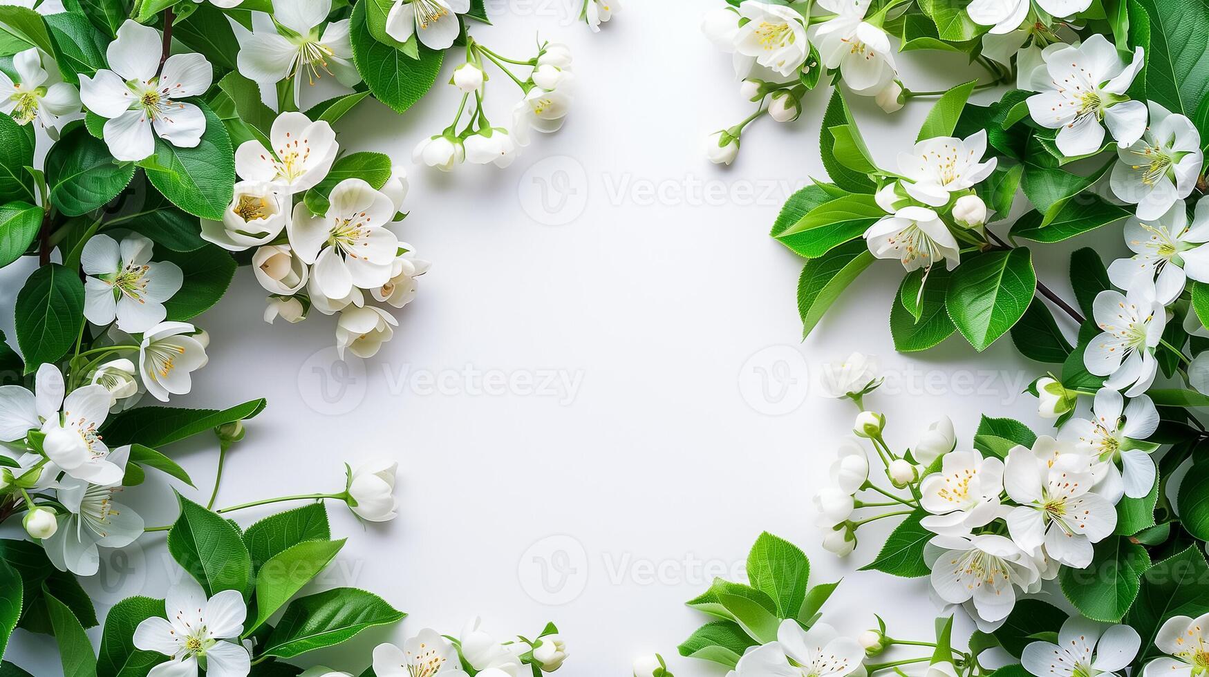 AI generated Elegant frame of white spring blossoms on a bright background, ideal for wedding invitations or seasonal concepts photo
