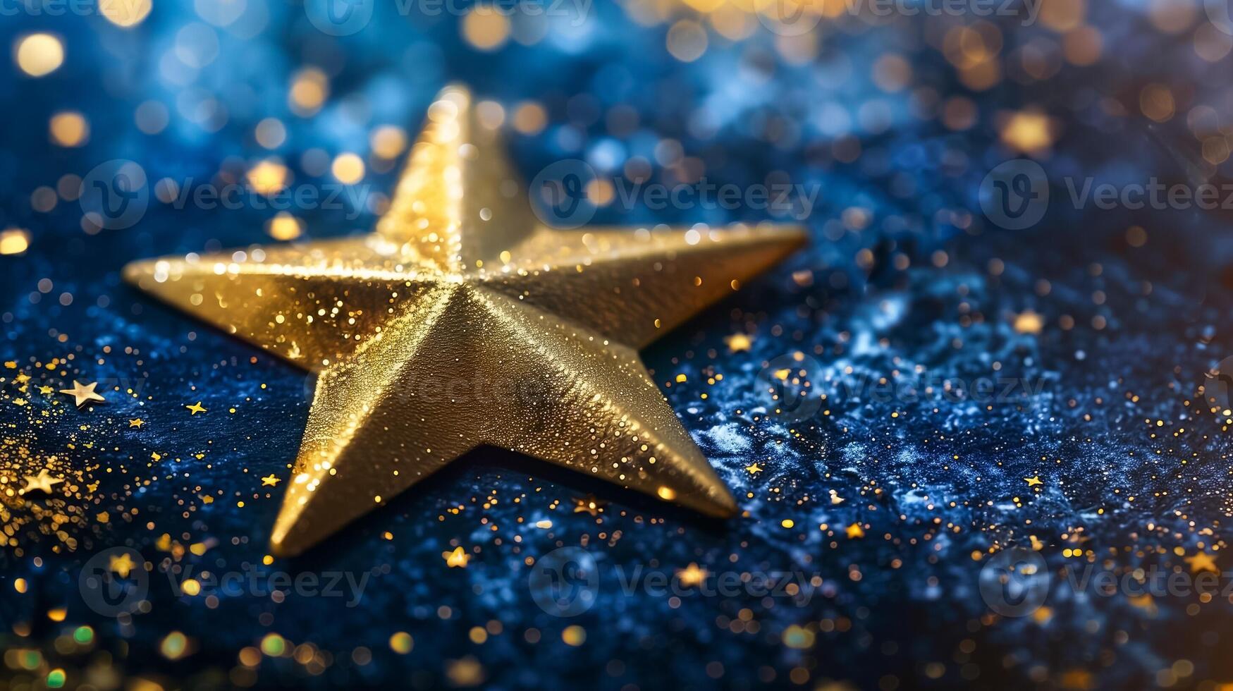 ai generado dorado estrella con Brillantina en un azul bokeh fondo, un concepto para celebraciones y festivo Días festivos me gusta Navidad o nuevo años víspera foto