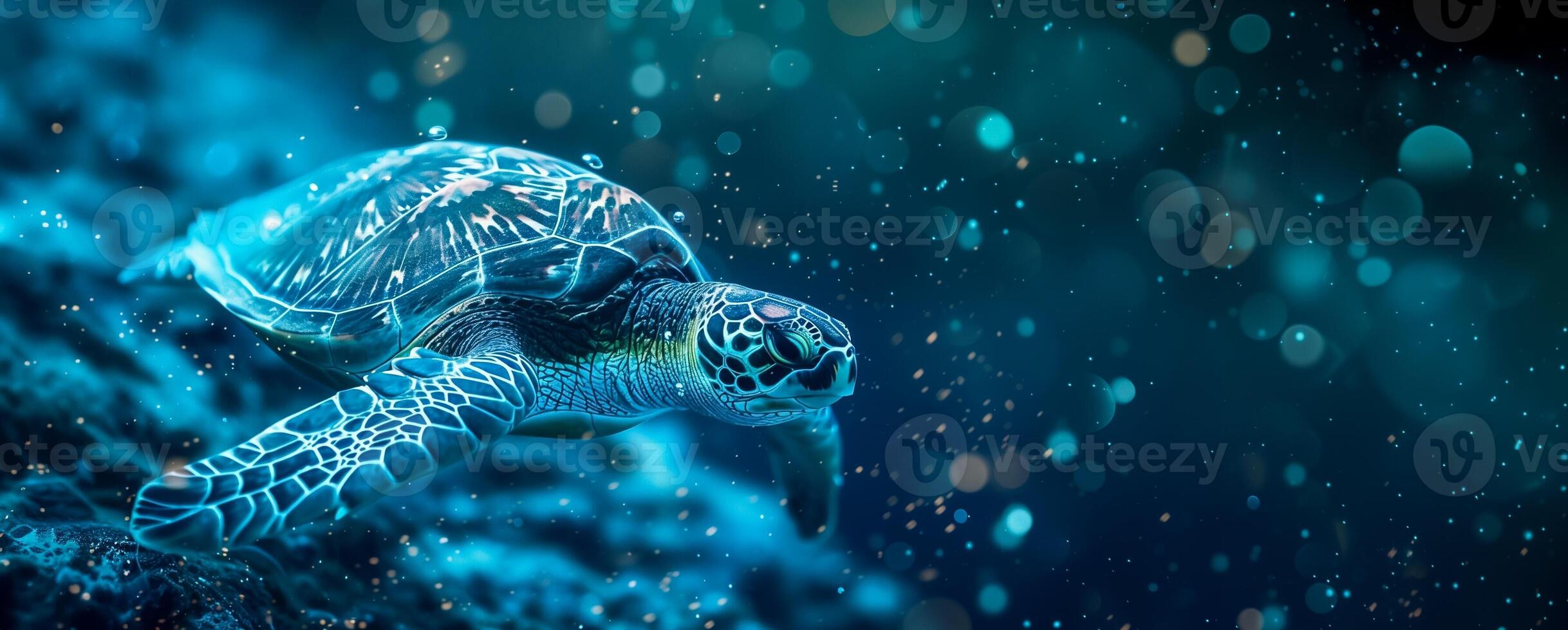 ai generado majestuoso mar Tortuga nadando en un tranquilo océano, con un reluciente bokeh efecto fondo, destacando el belleza de marina vida foto