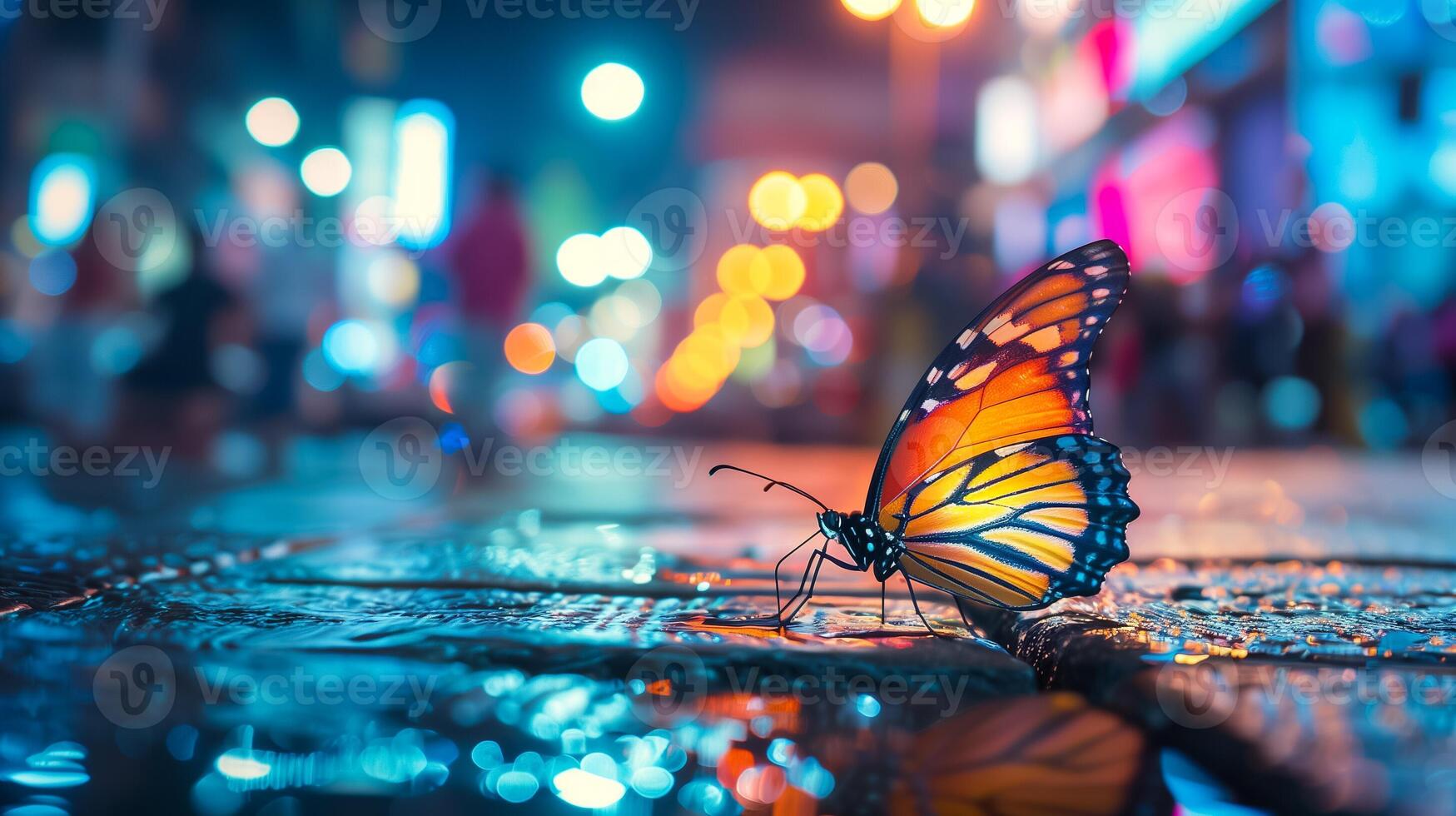 AI generated Vibrant monarch butterfly perched on a wet surface with colorful bokeh lights from a bustling city background creating a serene yet lively urban nature scene photo