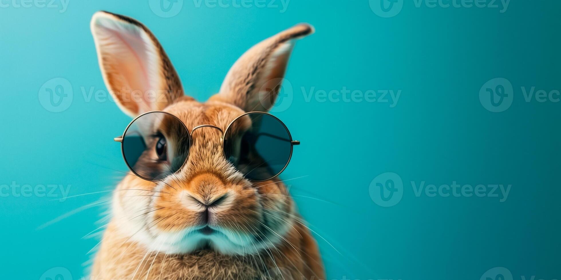 AI generated Brown rabbit with sunglasses against a turquoise background, evoking a quirky sense of fun, potentially for Easter themed content or creative advertising photo