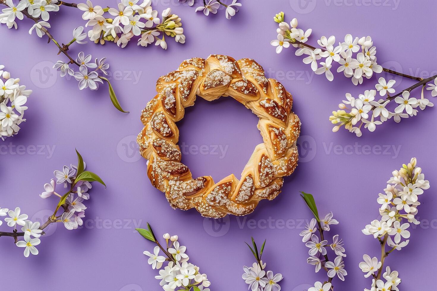 AI generated Easter celebration concept with a braided sweet bread wreath and white spring flowers on a purple background, festive holiday pastry photo