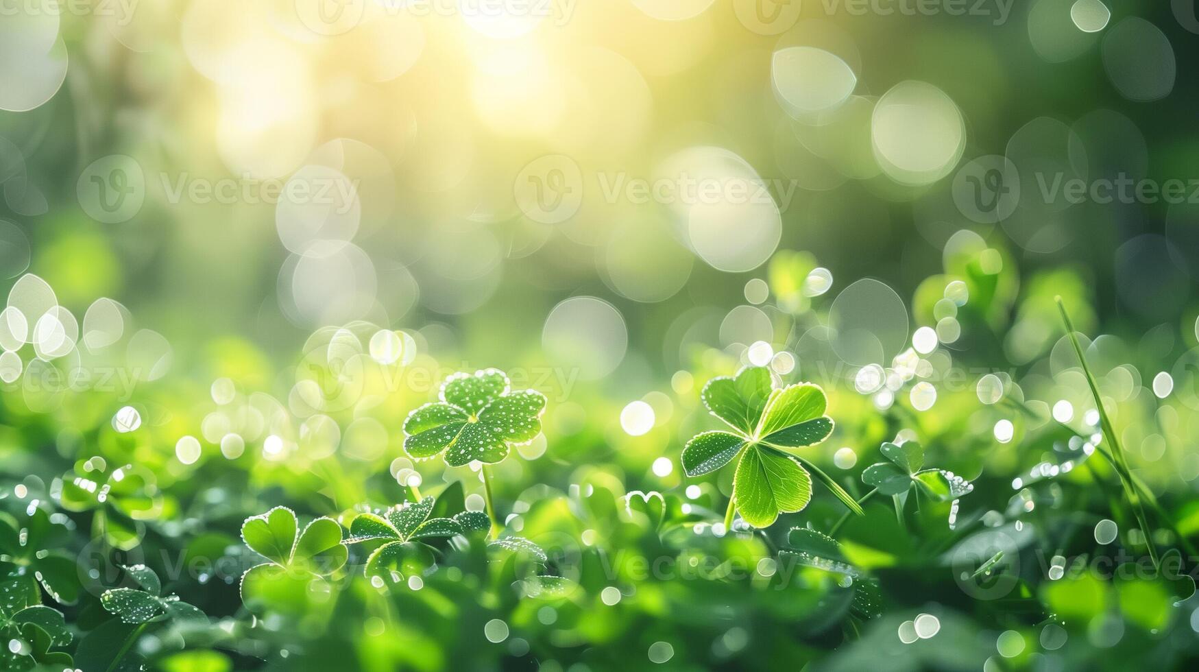 AI generated Vibrant green clover leaves with refreshing dew drops set against a softly defocused background, symbolizing natural serenity and associated with Saint Patricks Day celebrations photo