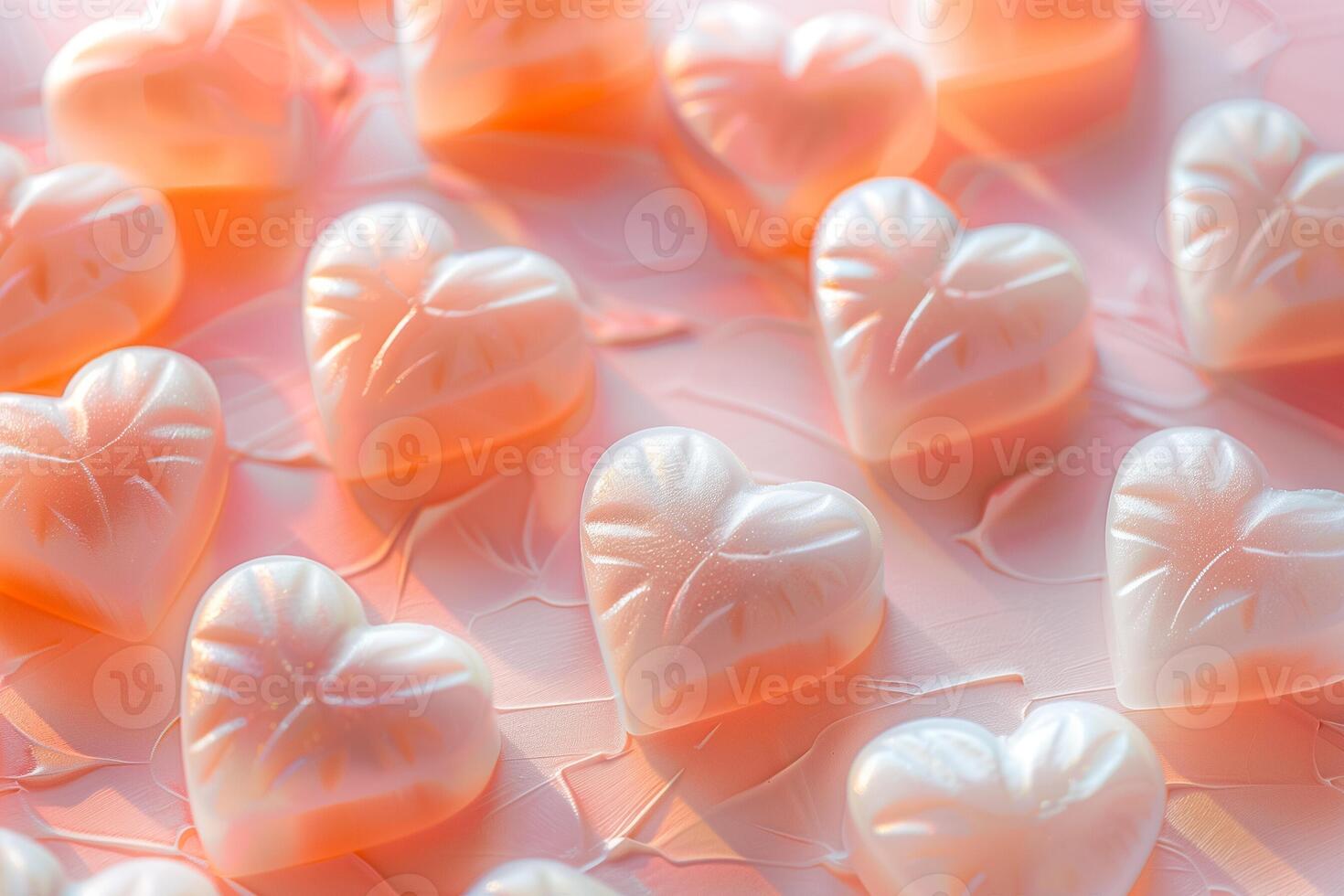 AI generated Pastel pink and white heart shaped translucent soaps arranged on a delicate background, symbolic of love and care, suitable for Valentines Day and wellness concepts photo