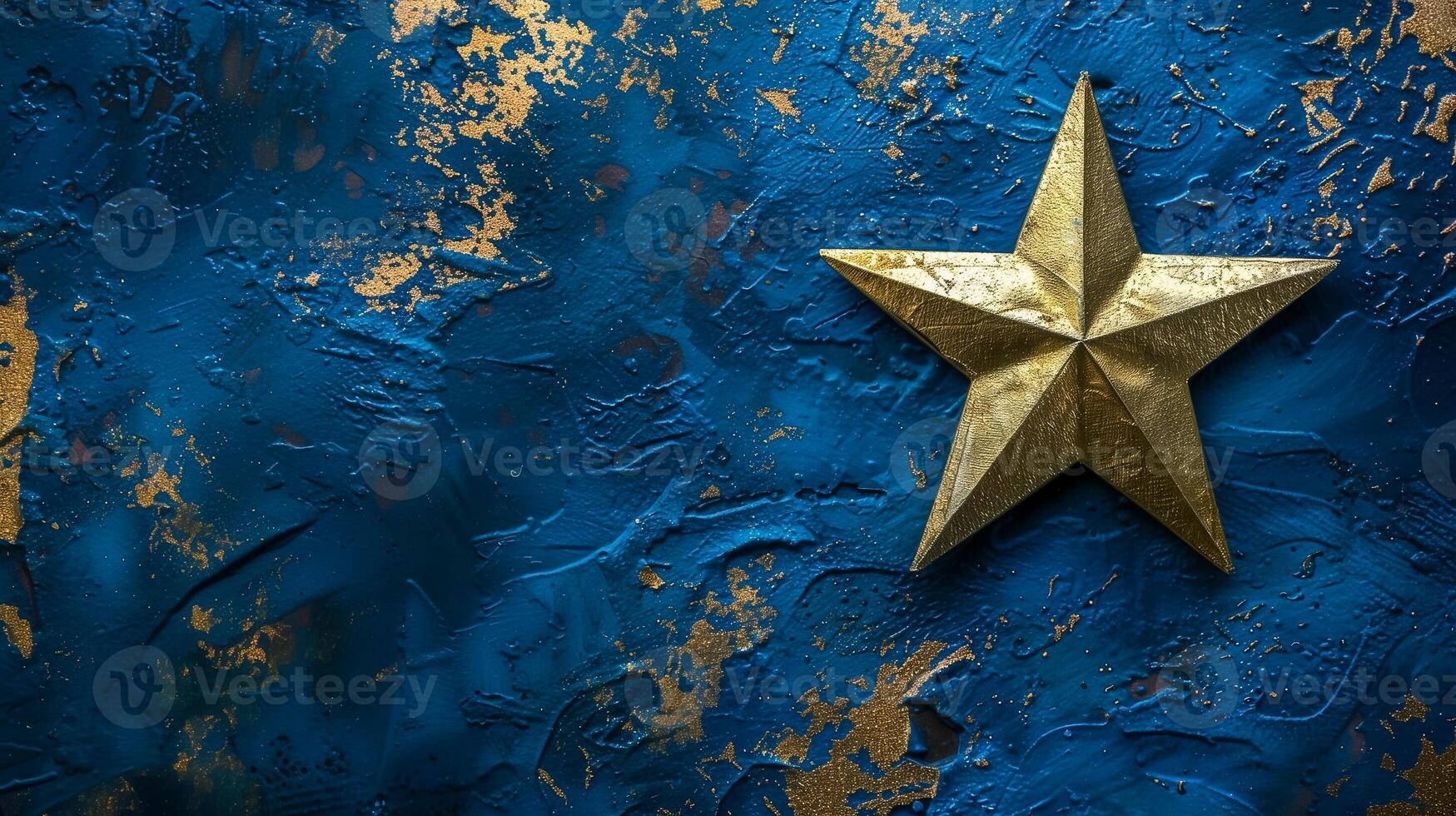 AI generated Golden star on a textured dark blue background with gold splatters, abstract festive concept or Christmas holiday backdrop photo