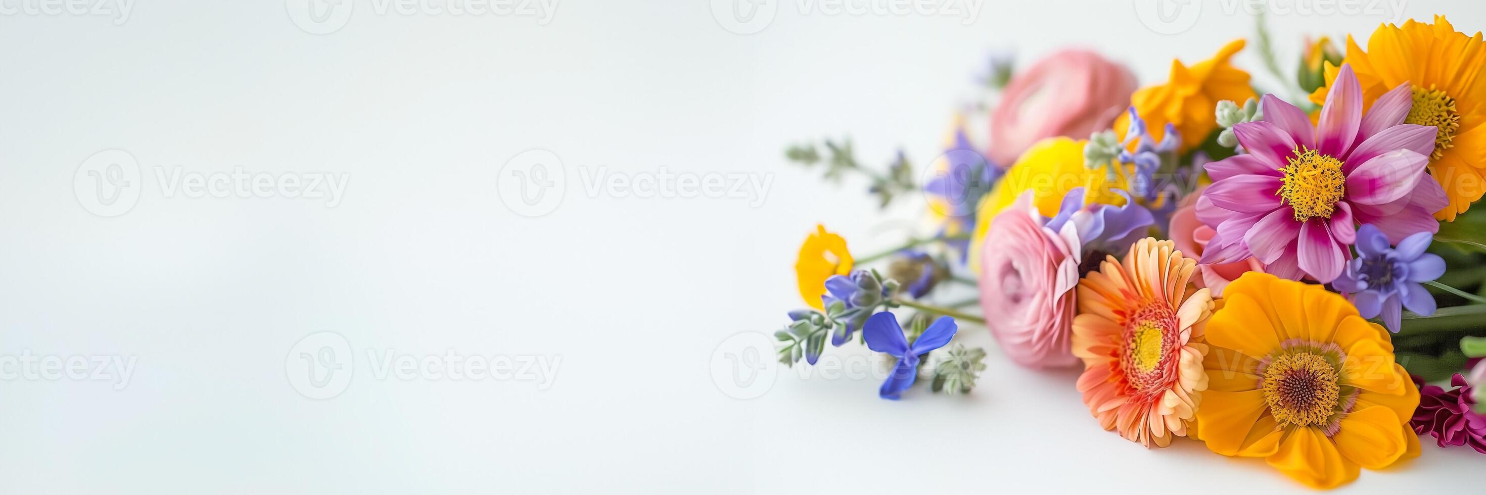 AI generated Vibrant assorted flowers with copy space on a white background, ideal for spring themes, Mothers Day, or wedding decorations photo