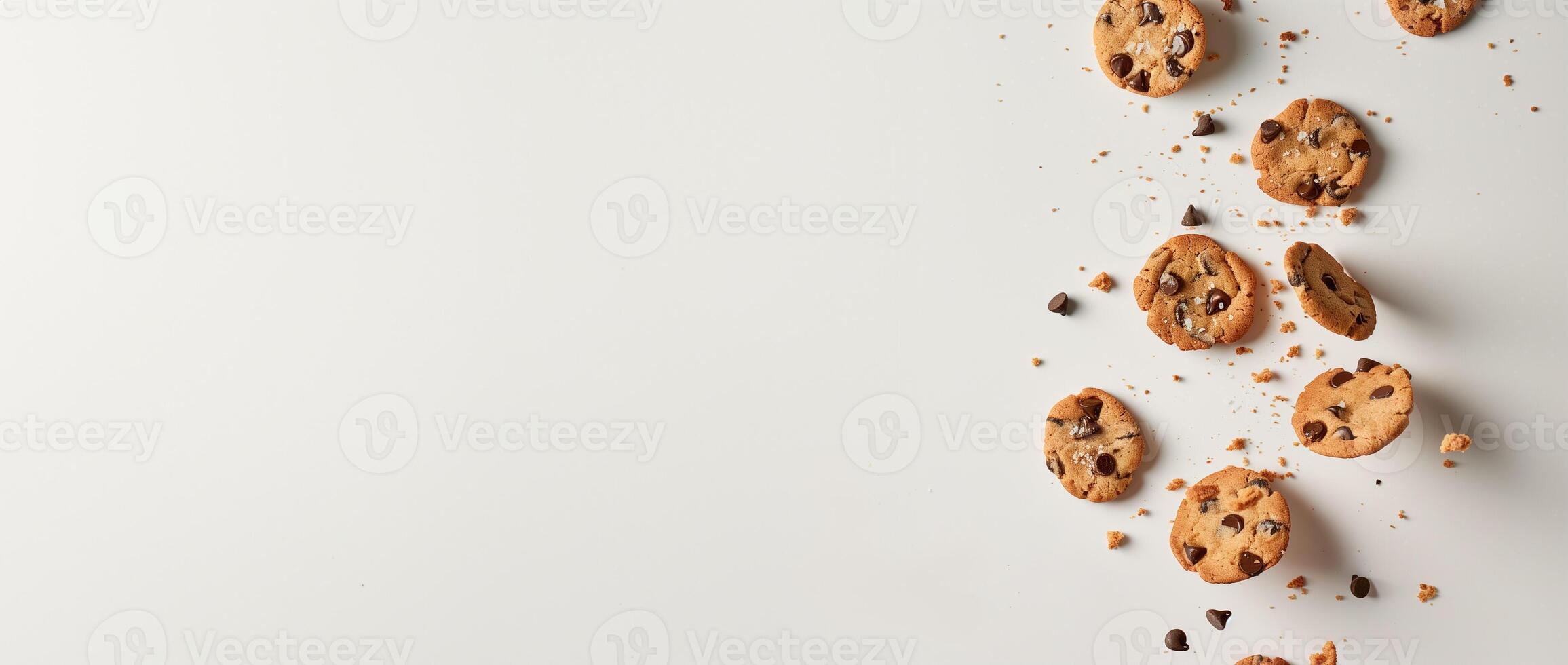 AI generated Scattered Chocolate Chip Cookies with Copy Space photo