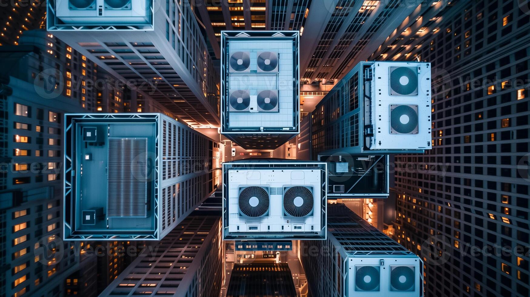 AI generated Overhead view of illuminated urban high rise buildings with HVAC units, showcasing modern architecture and city infrastructure at twilight photo