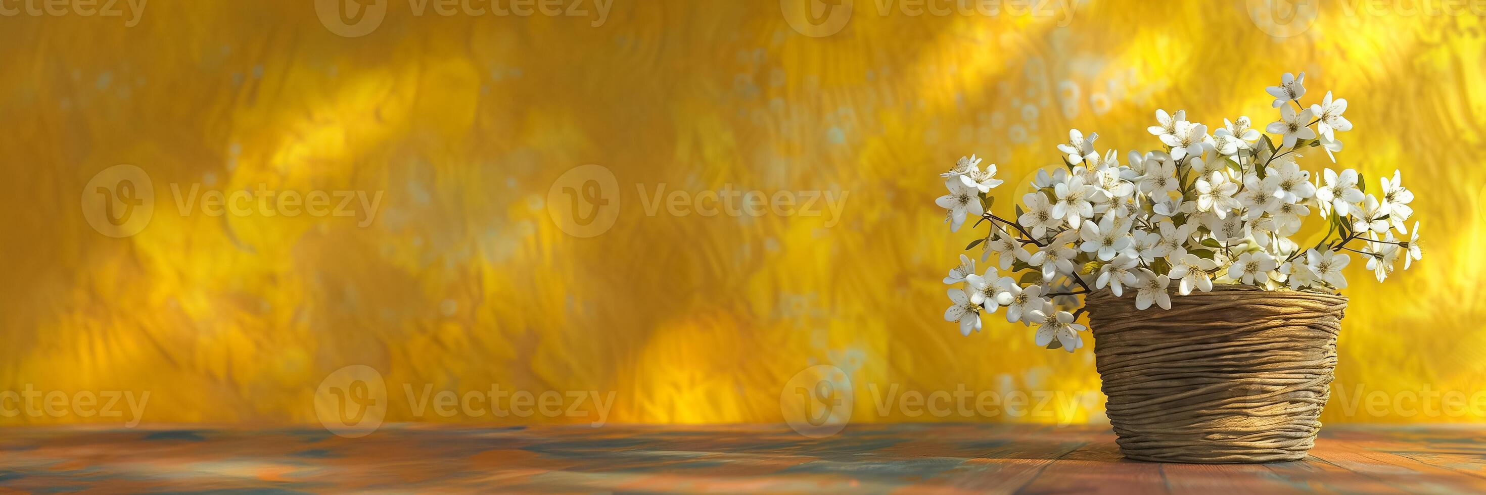 ai generado mimbre cesta lleno con blanco primavera flores en un de madera mesa en contra un suave atención dorado amarillo fondo, evocando un fresco, tranquilo primavera concepto foto