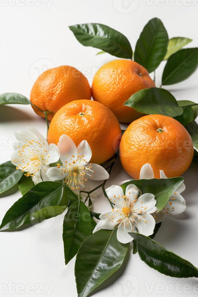 ai generado Fresco mandarín naranjas con flores aislado foto