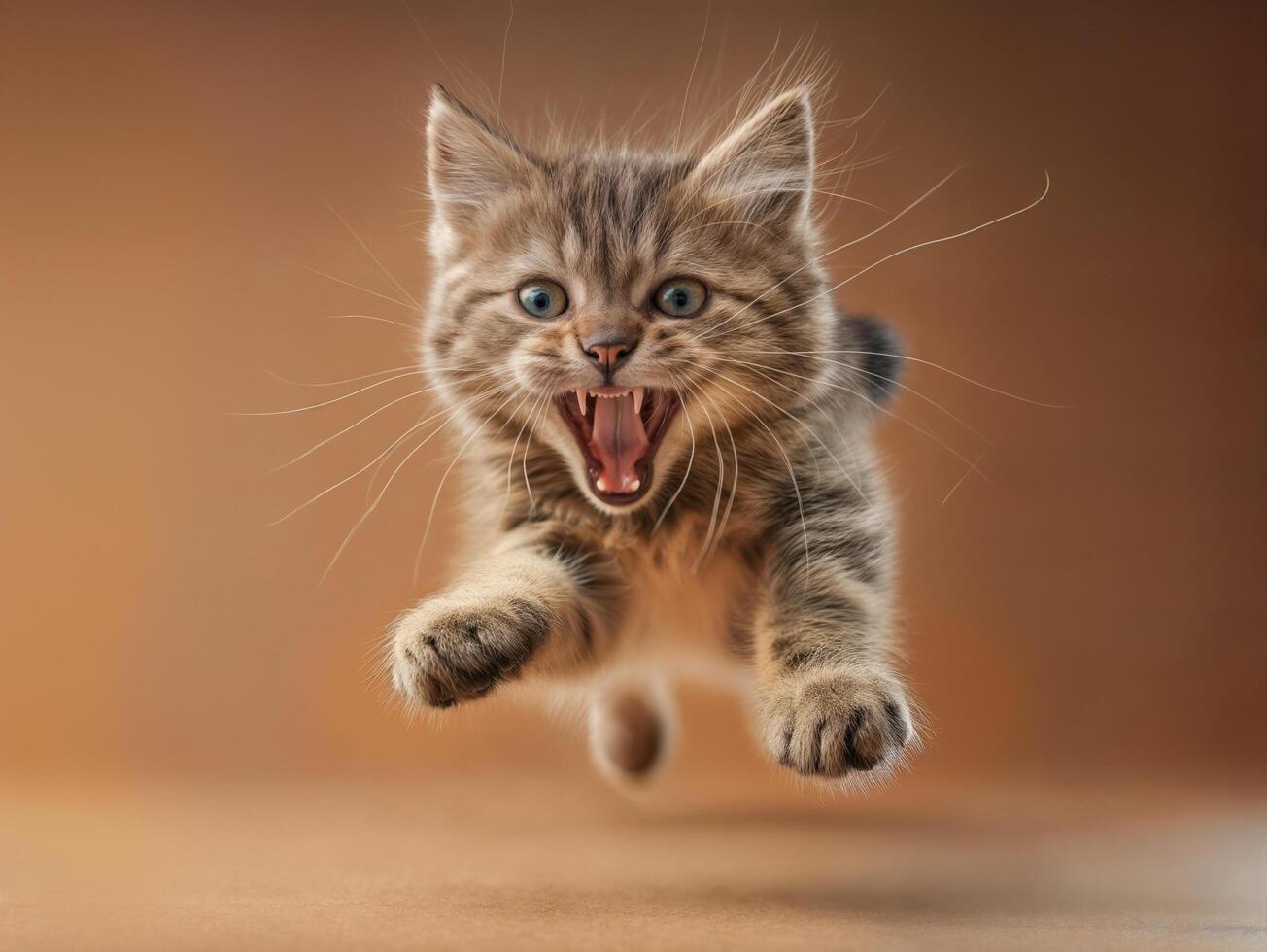 AI generated gray kitty on a brown background jumping in a dynamic pose photo