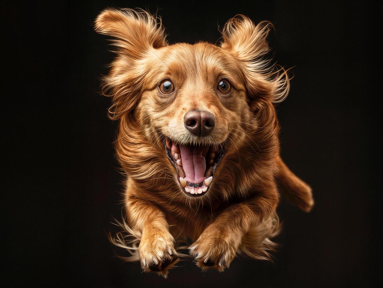 AI generated happy dog on a black background jumping in mid air photo