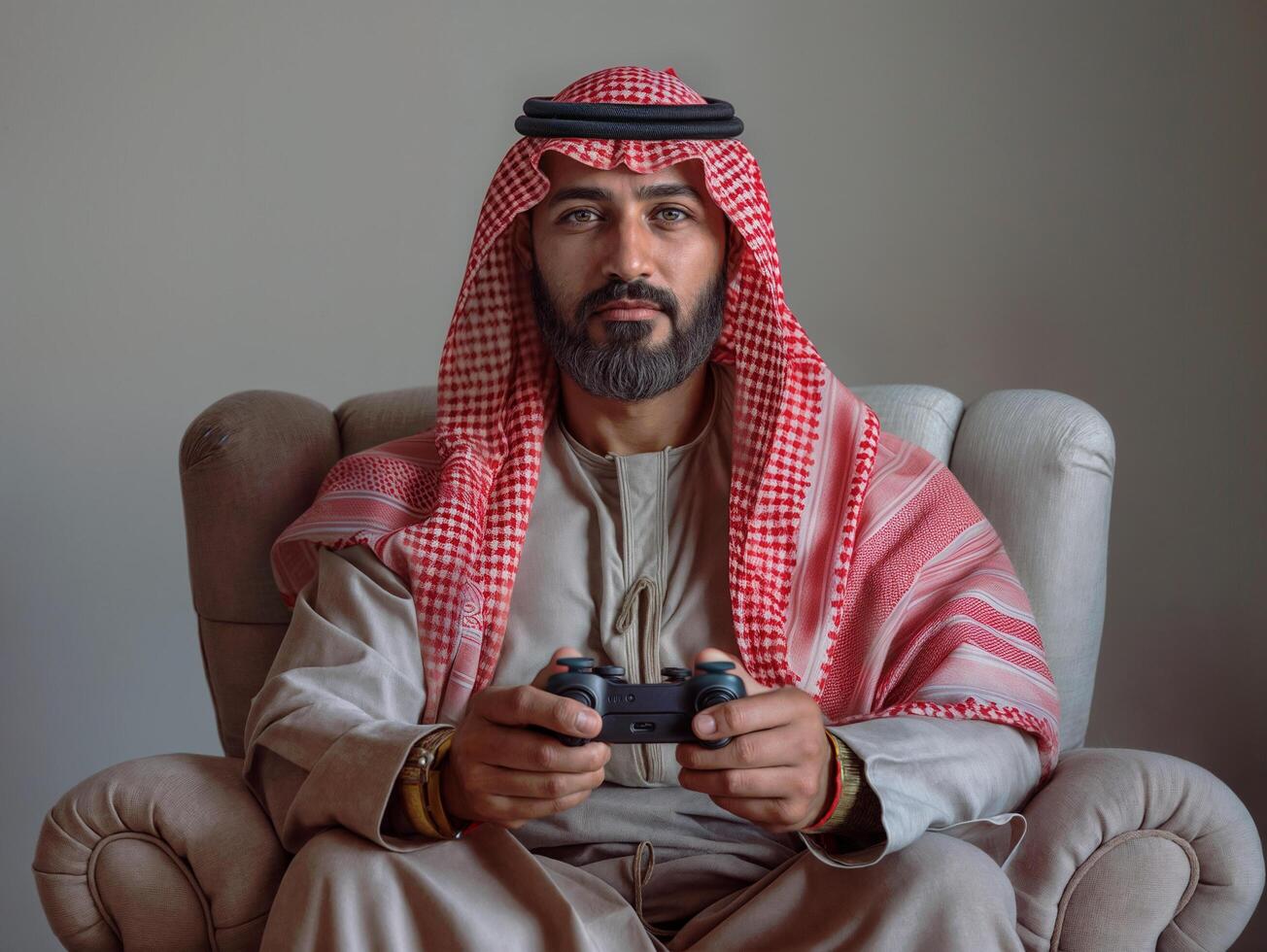 AI generated arabic man sitting on an armchair holding a game controller photo