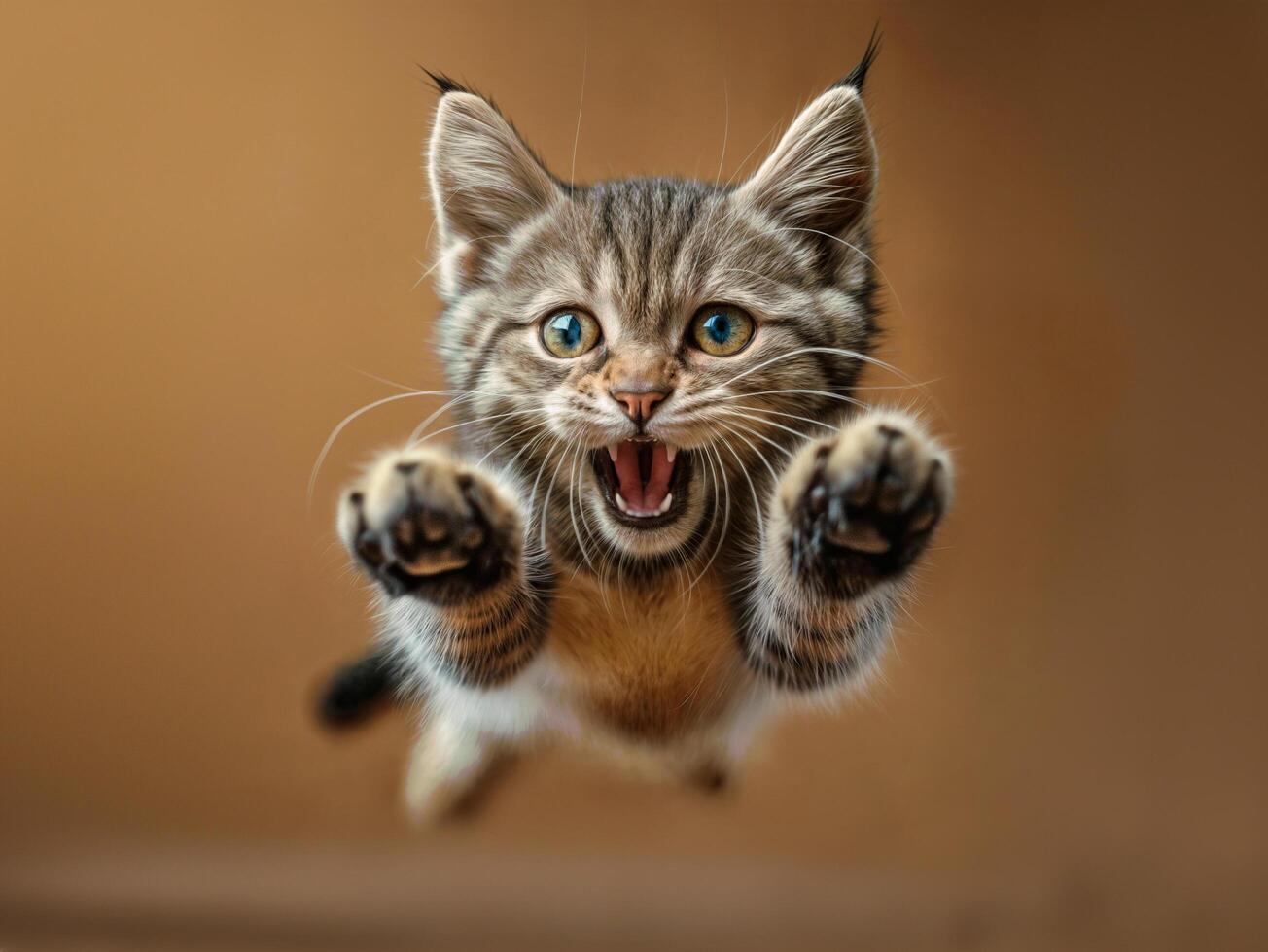 AI generated gray kitty on a brown background jumping in a dynamic pose photo