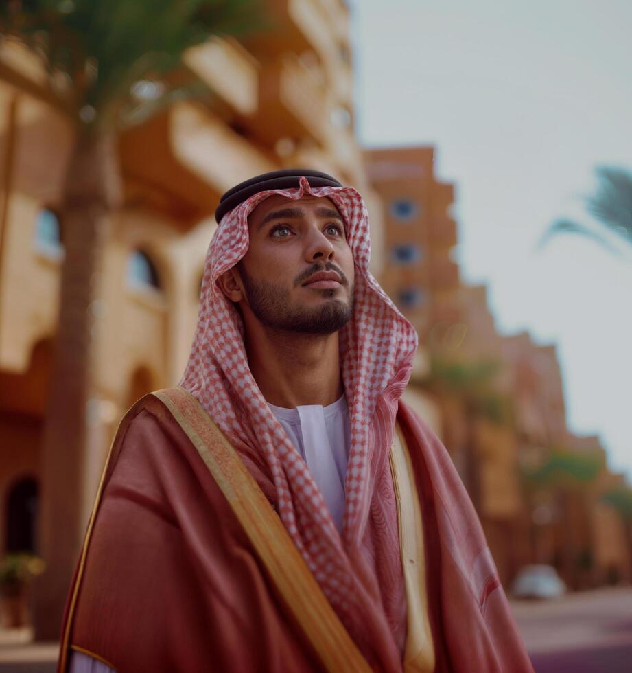 AI generated arabic man looking up in a serious manner, isolated background photo