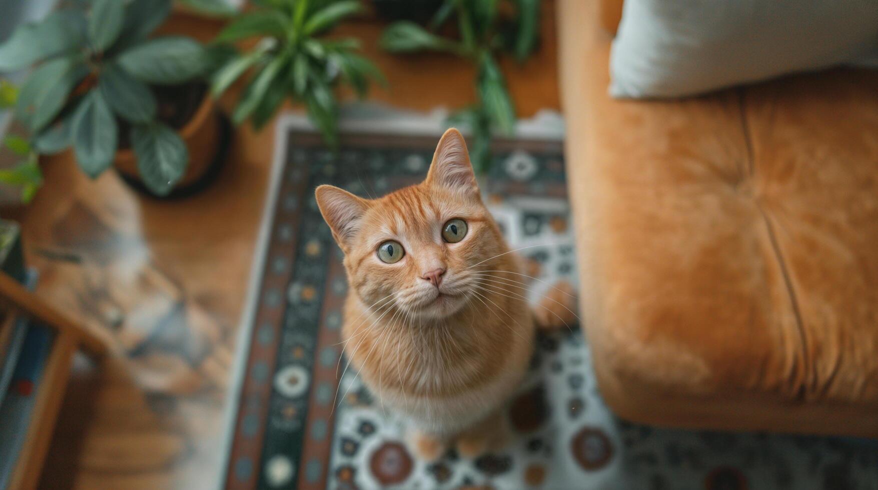 AI generated aerial view of a cat looking up in the living room photo