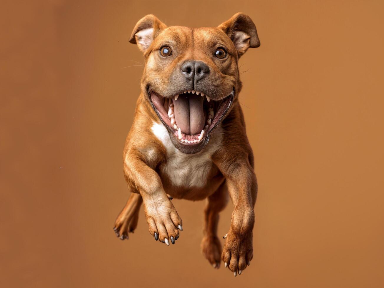 AI generated dog on a brown background jumping in mid air happily photo