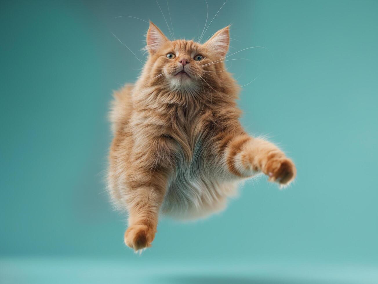 AI generated ginger cat on a teal background jumping in a dynamic pose photo