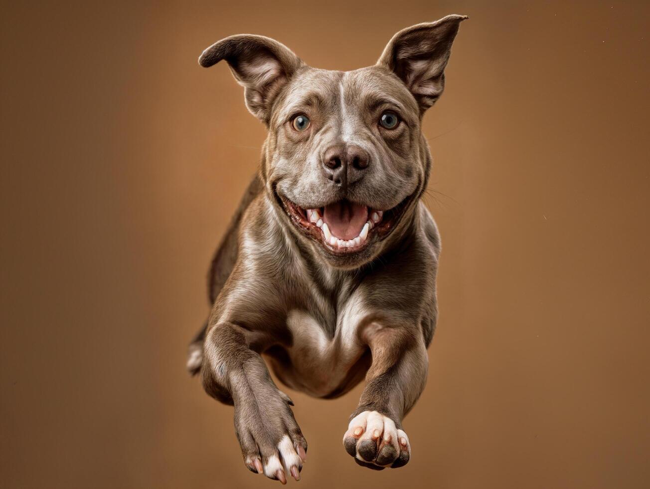 AI generated dog on a brown background jumping in mid air happily photo