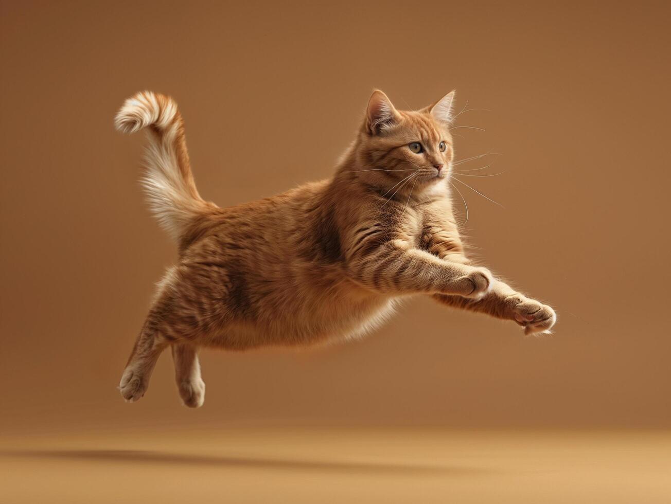 AI generated ginger cat on a brown background jumping in a dynamic pose photo