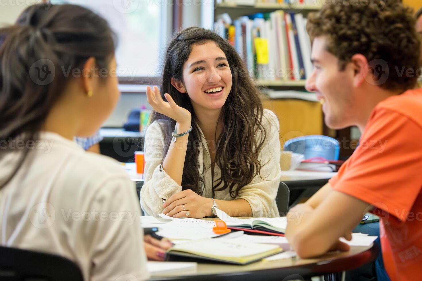 AI Generated Happy students engaged in discussion sitting around table photo