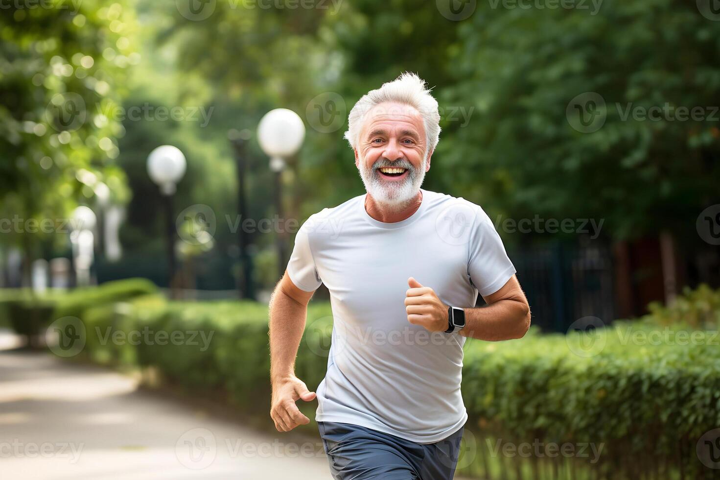ai generado activo mayor hombre trotar en parque con un grande sonrisa foto
