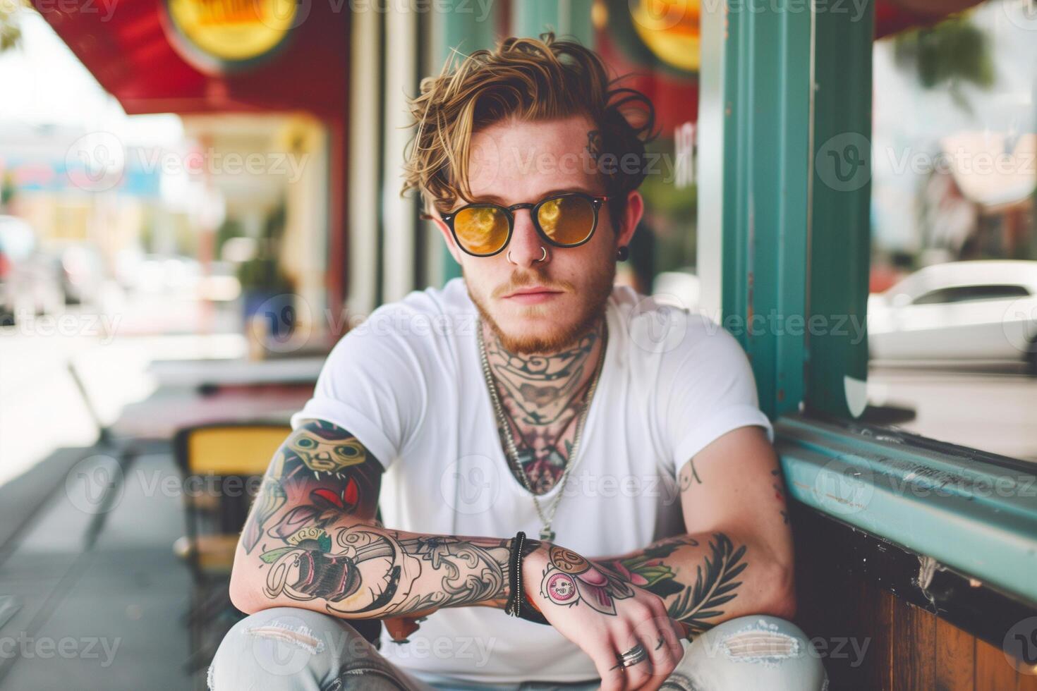 ai generado frio urbano joven hombre con tatuajes se sienta por casualidad fuera de calle café foto