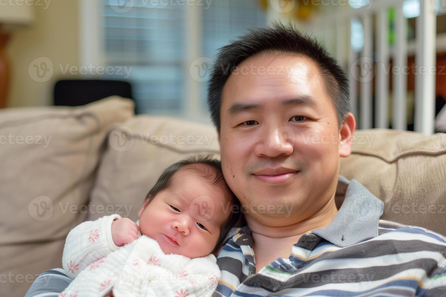 AI Generated proud asian father with newborn baby at home photo