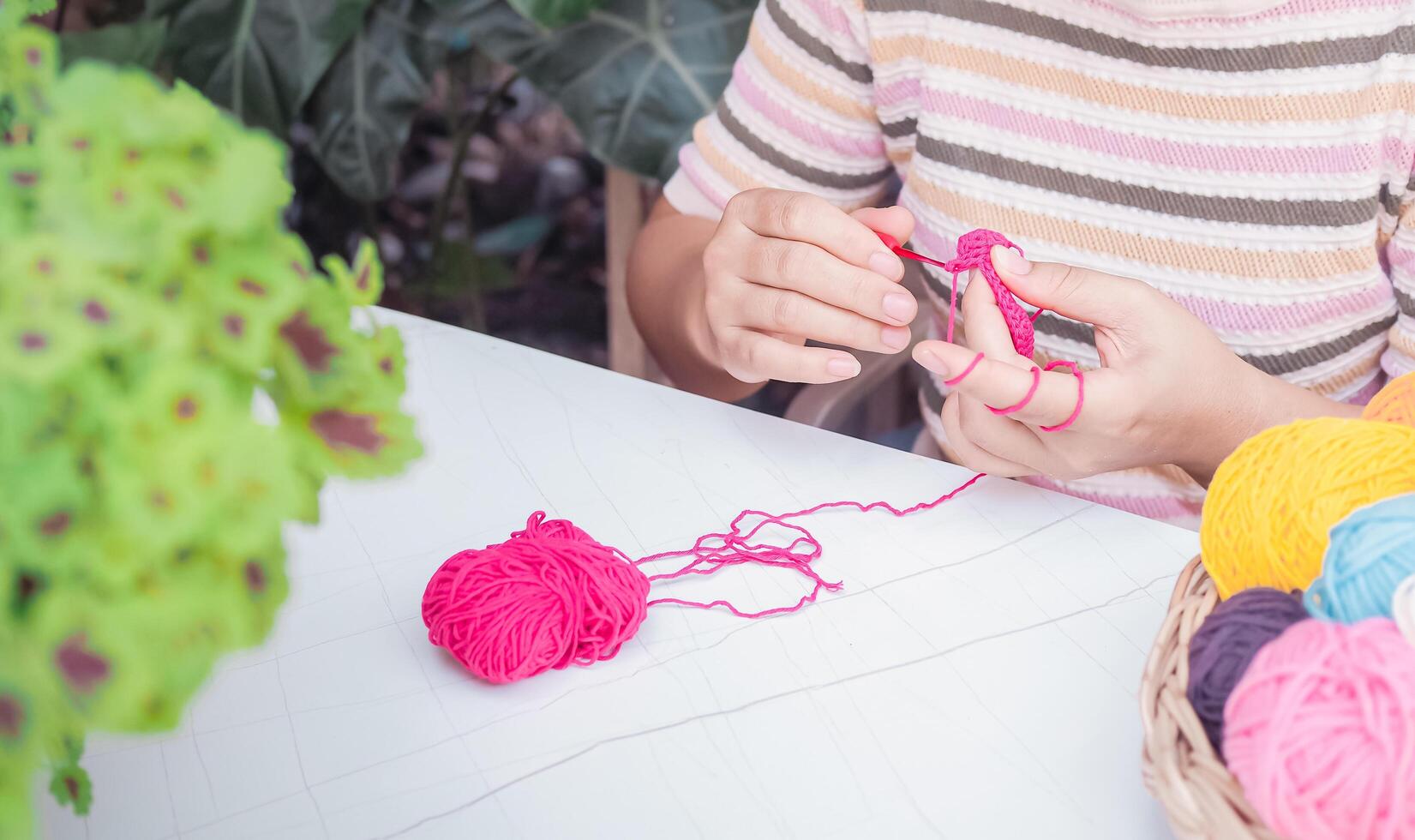 Close-up of woman hand knitting with pink wool photo