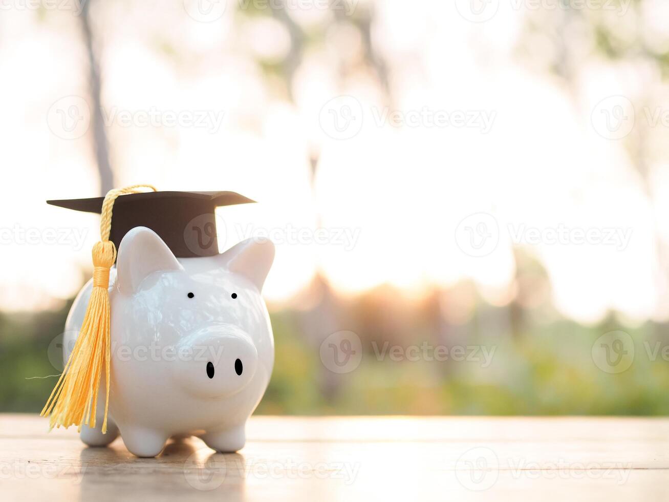 Piggy bank with graduation hat. The concept of saving money for education, student loan, scholarship, tuition fees in future photo