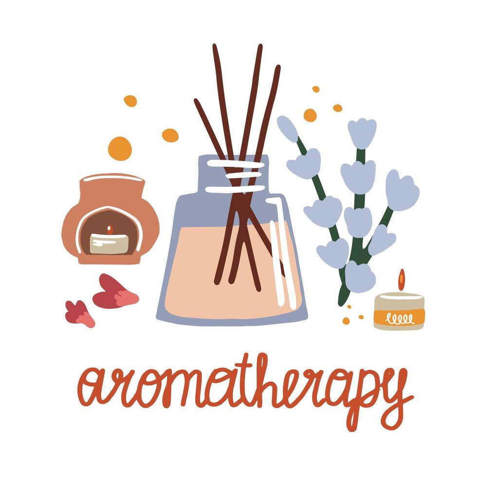 Illustration of aromatherapy. Incense sticks, spa candles and herbs. vector