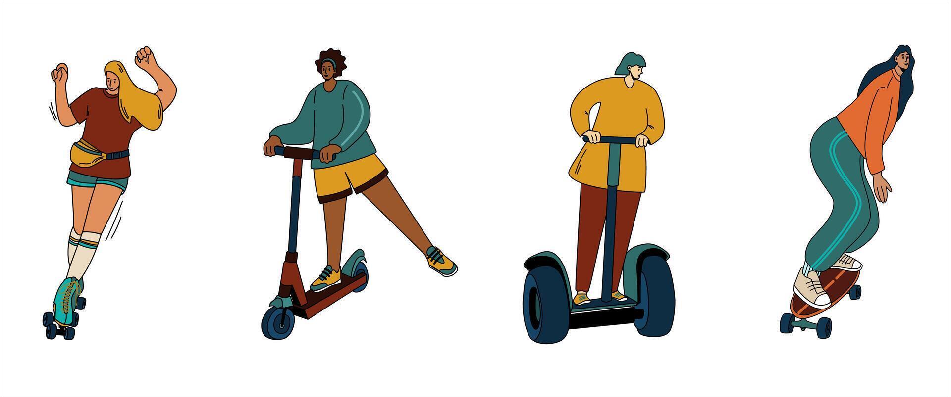 un conjunto de muchachas en personal transporte. muchachas paseo un patineta rodillo patines un scooter y eléctrico transporte un giroscopio scooter. activo ocio vector