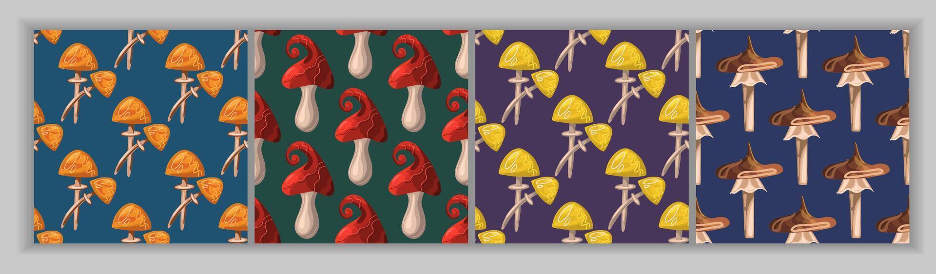 conjunto de sin costura fantasía patrones de hongos, setas y mosca agaricos magia hongos. para textiles, envase papel vector