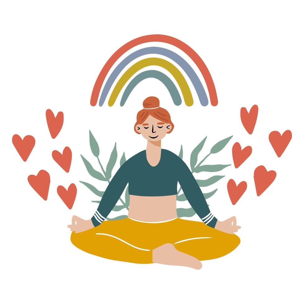 A happy woman is sitting in the lotus position and meditating. A smiling female character enjoys her freedom and life. Positive attitude to the body and the concept of healthcare vector