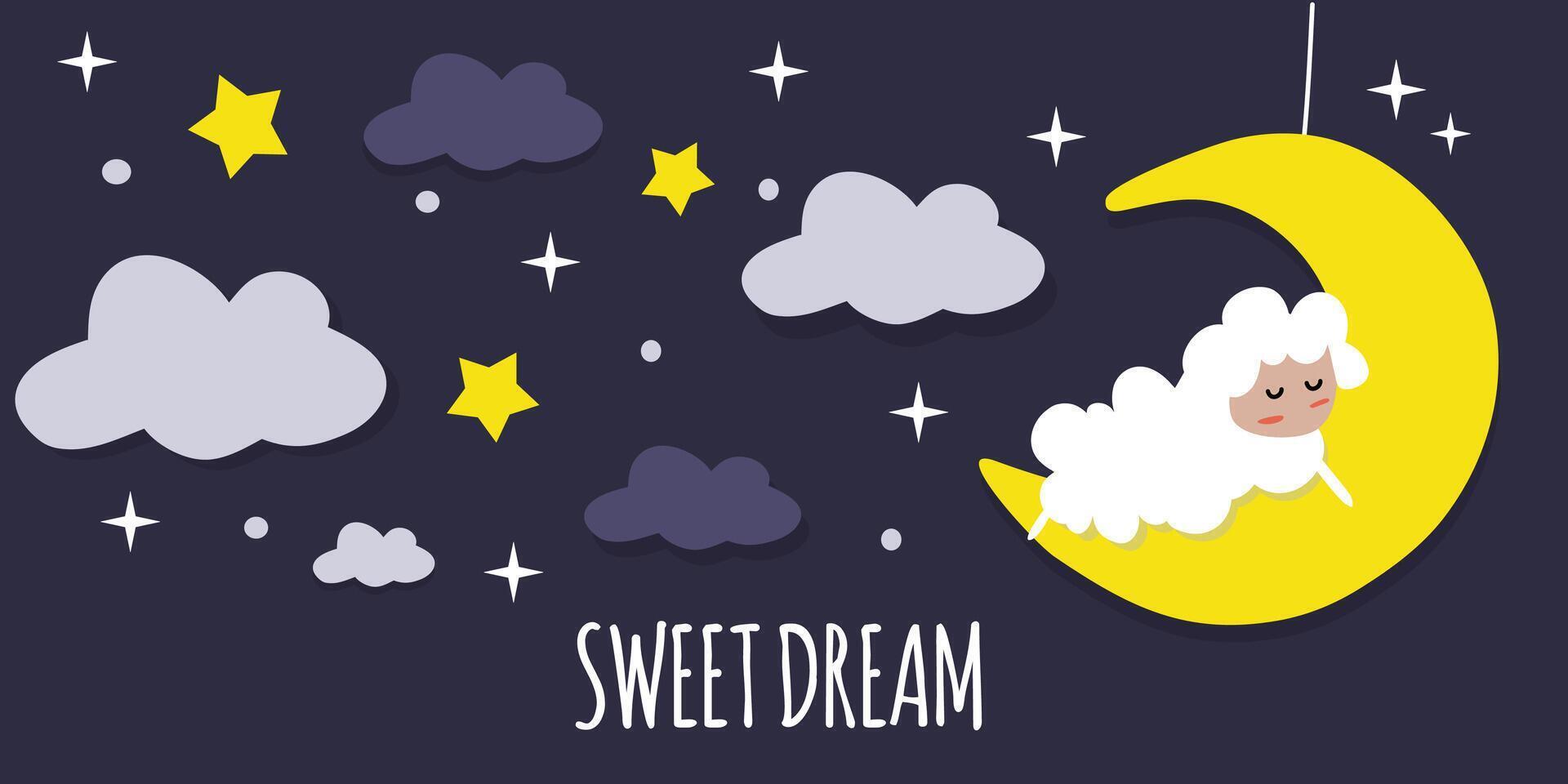 Vector illustration of sweet dreams. The lamb sleeps on the moon. The concept of sleeping and sleeping with a sheep.