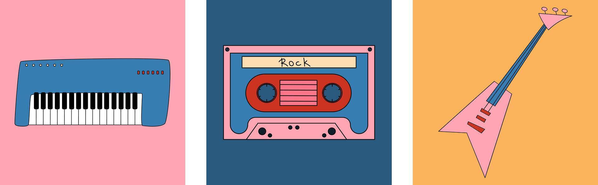 Musical instruments electric guitar and synthesizer. Rock music on a cassette. vector