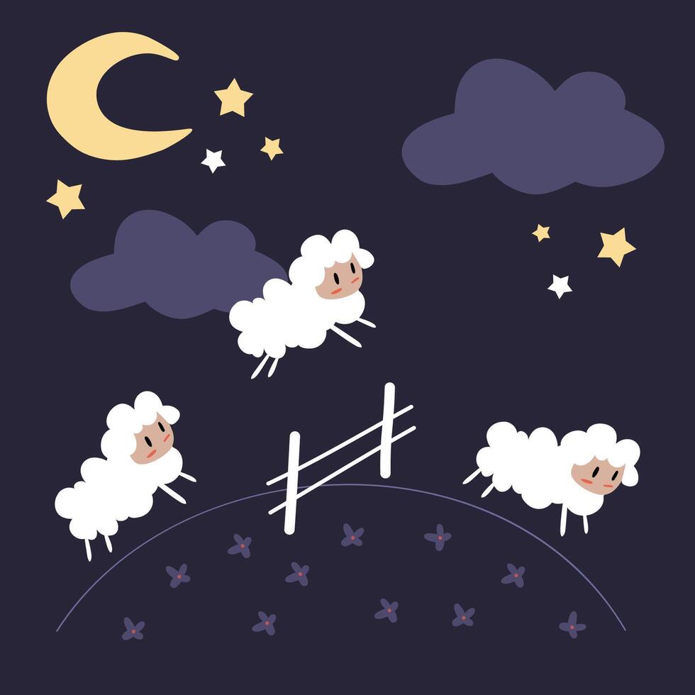 Illustration of counting sheep. Cute sheep jump over the fence at night. vector
