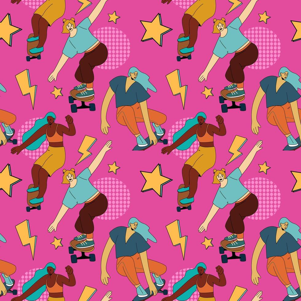 Seamless pattern with women with skateboard. Cool cartoon charcaters in modern clothes. Vector illustration