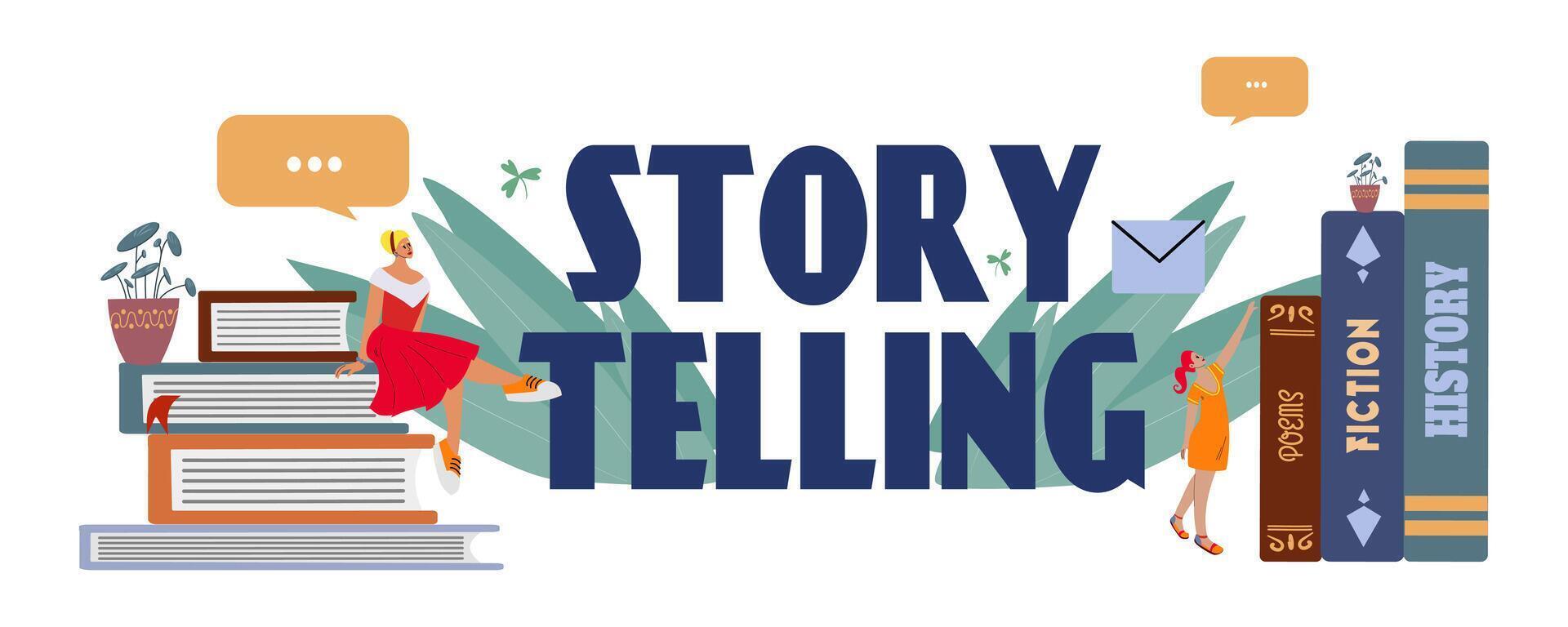 Vector illustration of storytelling. Storyteller concept for online education. Horizontal banner. Vector isolated illustration