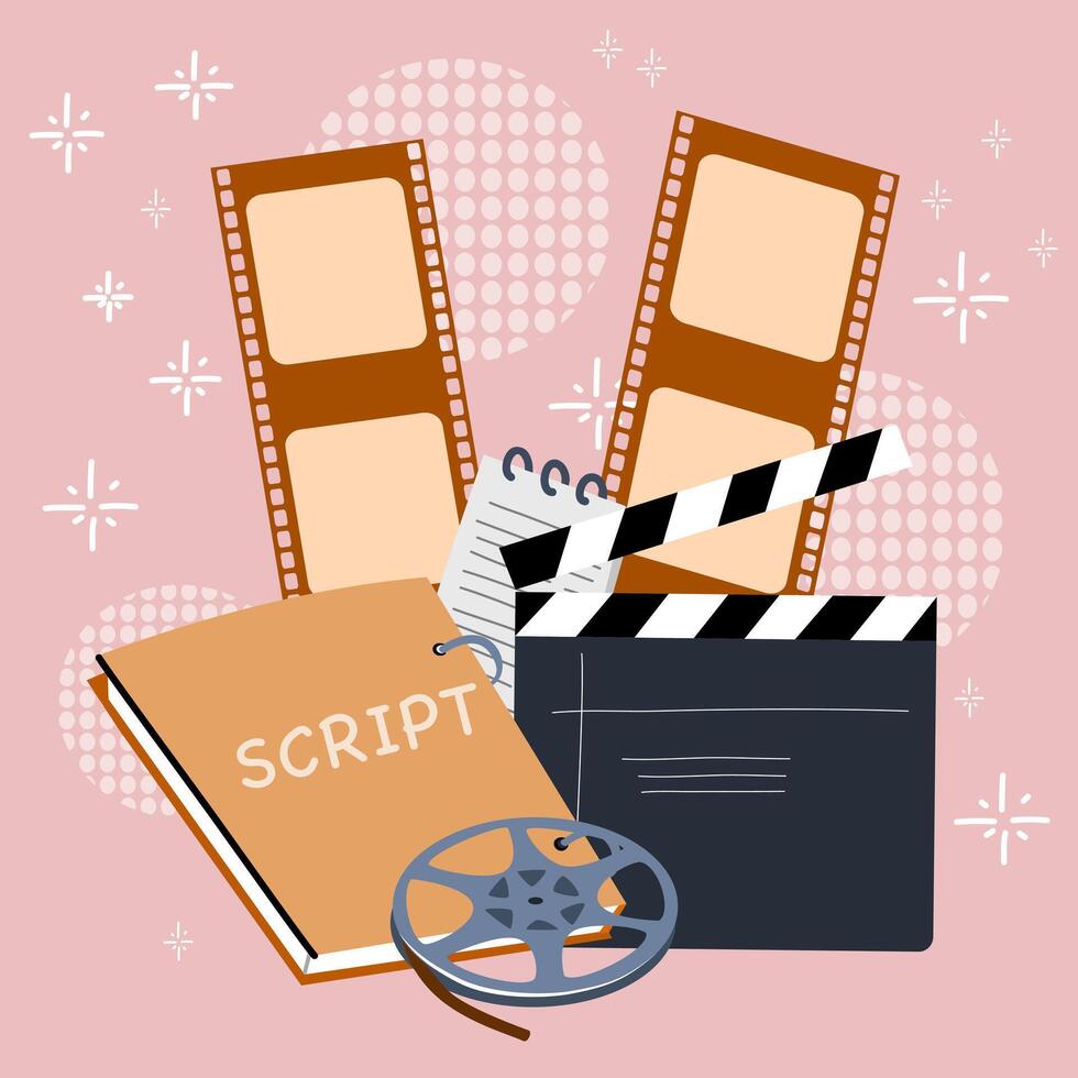 Vector illustration of the film production. Movie script. Background for video production