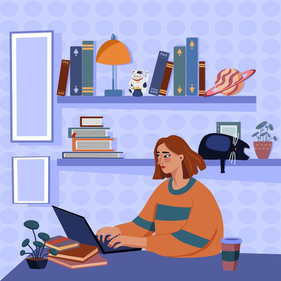 vector ilustraciones - el concepto de en línea trabajo a hogar. el mujer a el computadora.