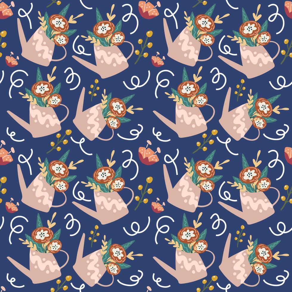 Seamless pattern with watering can and flowers. For textiles, packaging, wallpaper. vector