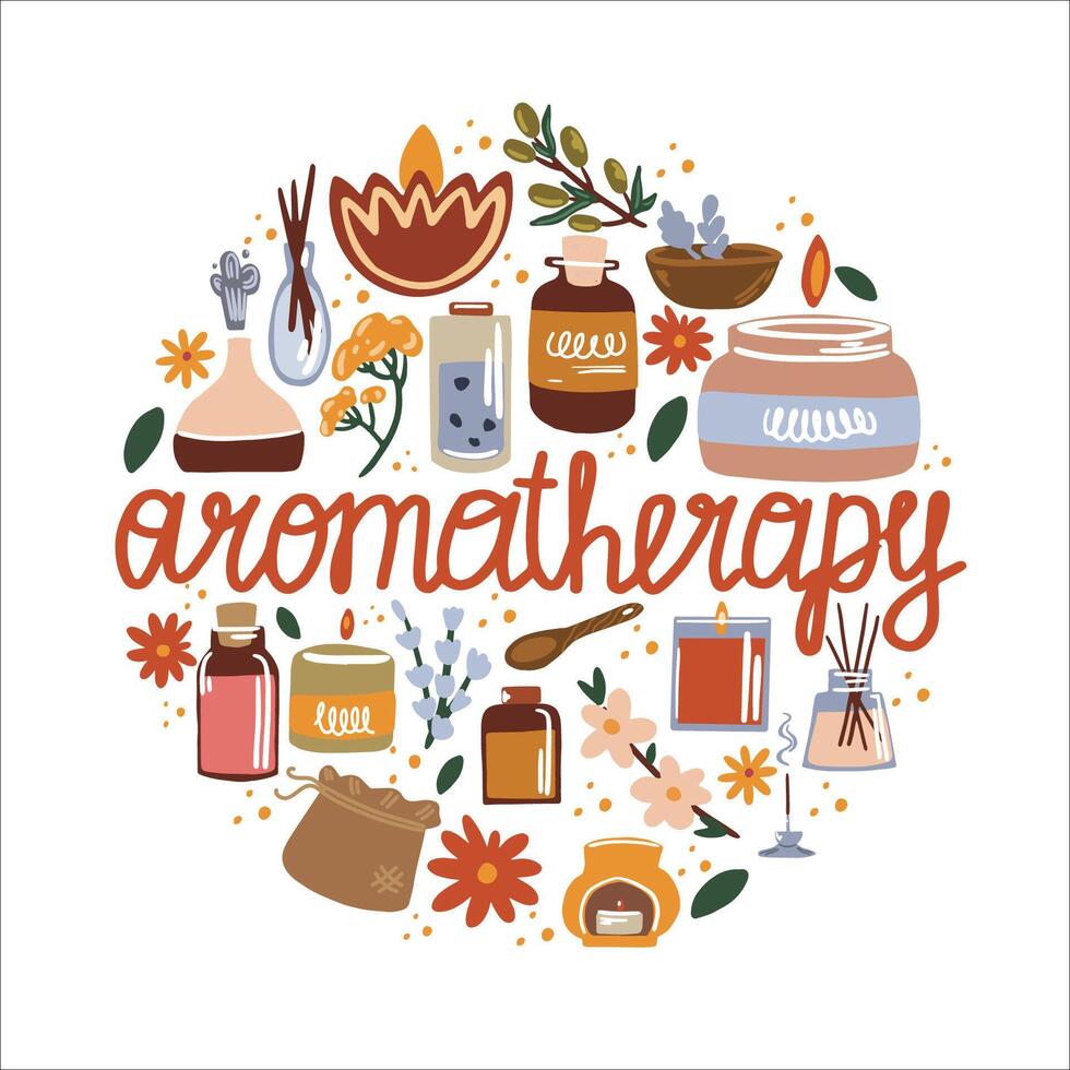 Illustration of aromatherapy and essential oils. Incense sticks, spa candles and herbs. vector