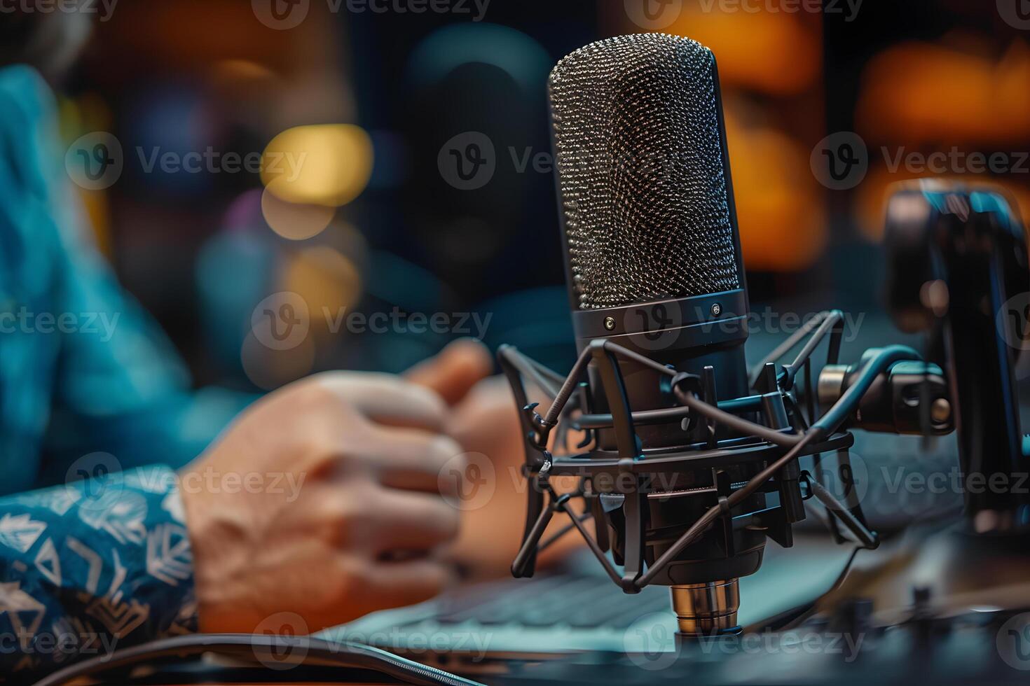 AI generated Close up Microphone with blurry Discussion person, podcasting setup photo
