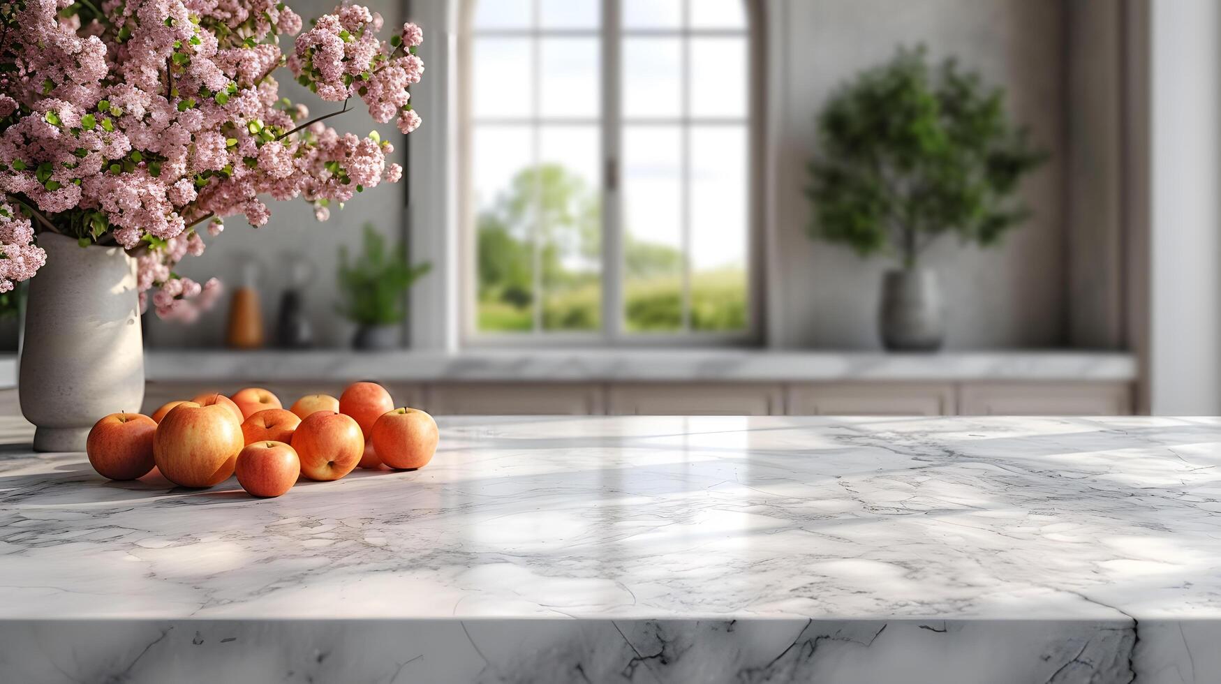 AI generated White Marble Countertop in Kitchen Interior photo
