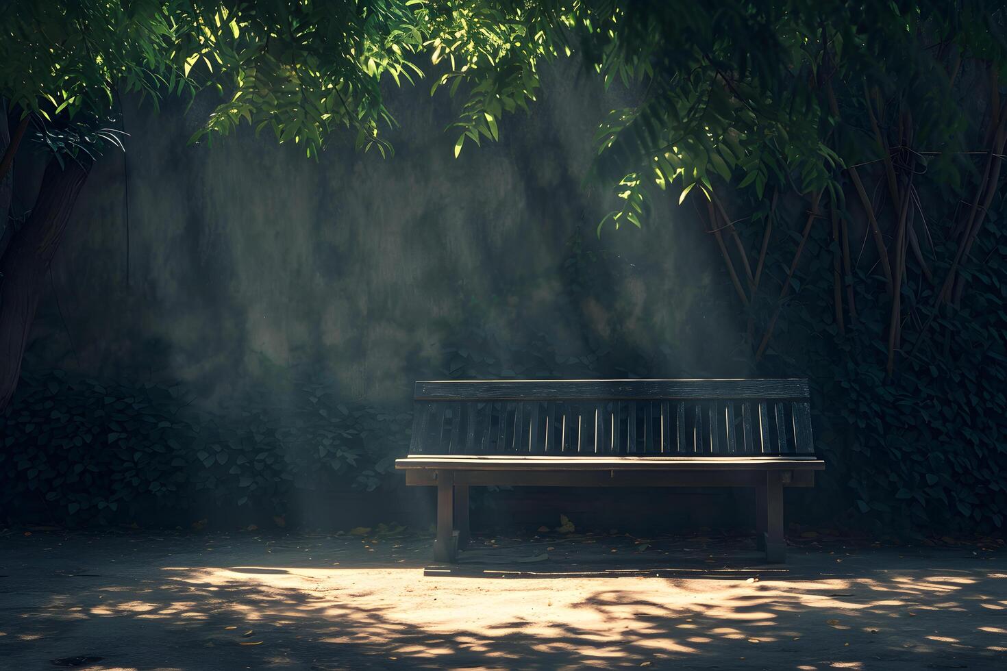 ai generado vacío de madera silla debajo un árbol, tranquilo Mancha foto